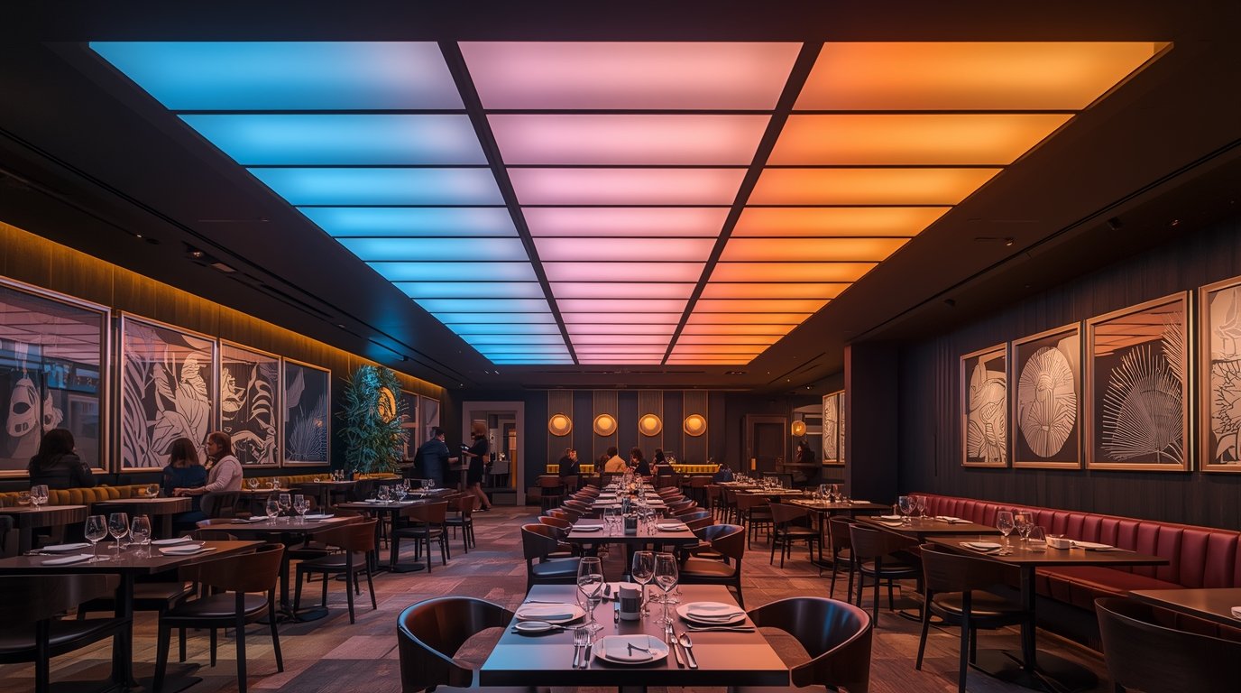 Restaurant LED Ceiling Guardiuprotectal LED integrated ceiling in a restaurant